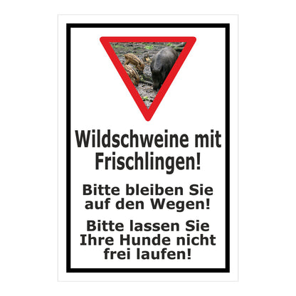 Schild Wildschweine mit Frischlingen Hinweis Wege und Hunde in Weiß mit schwarzem Rahmen