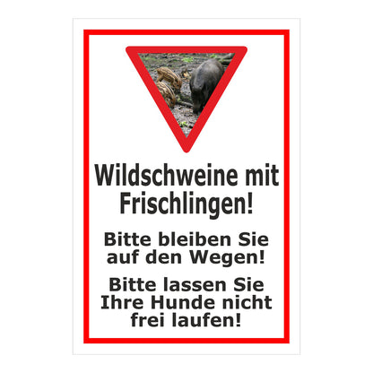 Schild Wildschweine mit Frischlingen Hinweis Wege und Hunde in Weiß mit rotem Rahmen