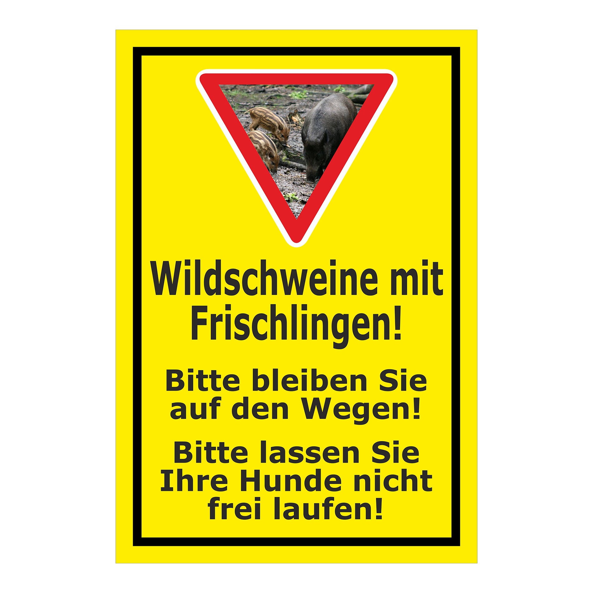 Schild Wildschweine mit Frischlingen Hinweis Wege und Hunde in Gelb mit schwarzem Rahmen