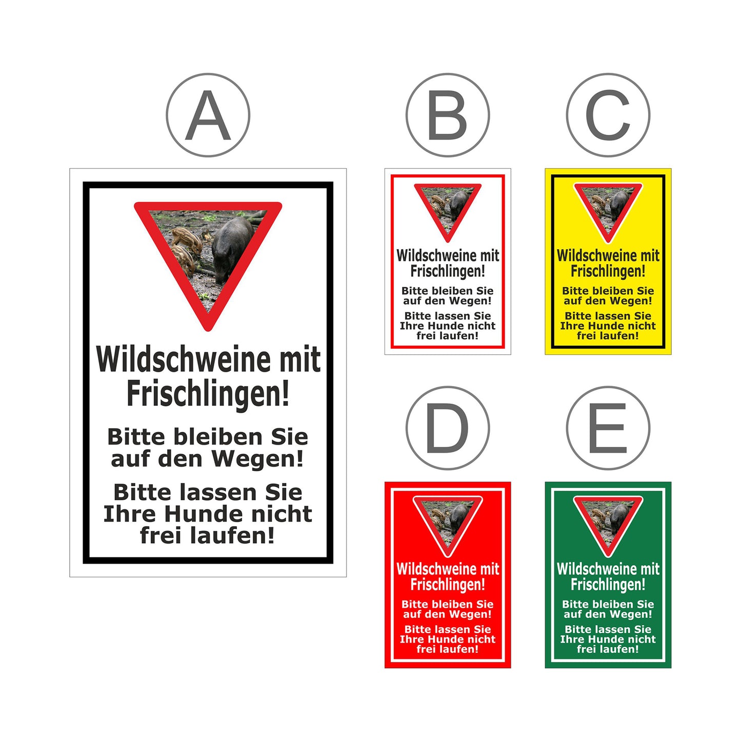 Übersichtsbild Schild Wildschweine mit Frischlingen Hinweis Wege und Hunde mit allen verfügbaren Farbvarianten
