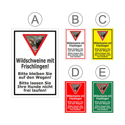 Übersichtsbild Schild Wildschweine mit Frischlingen Hinweis Wege und Hunde mit allen verfügbaren Farbvarianten