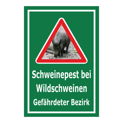 Schild Schweinepest bei Wildschweinen Gefährdeter Bezirk in Grün mit weißem Rand