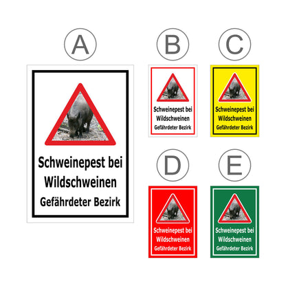 Übersichtsbild Schild Schweinepest bei Wildschweinen Gefährdeter Bezirk mit allen verfügbaren Farbvarianten