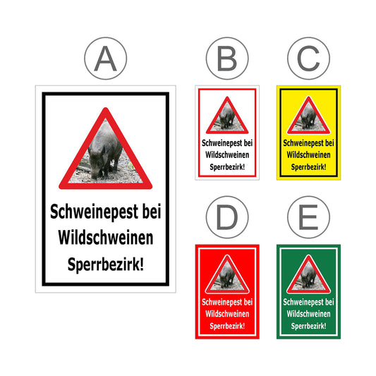 Übersichtsbild Schild Schweinepest bei Wildschweinen Sperrbezirk Hinweis mit allen verfügbaren Farbvarianten