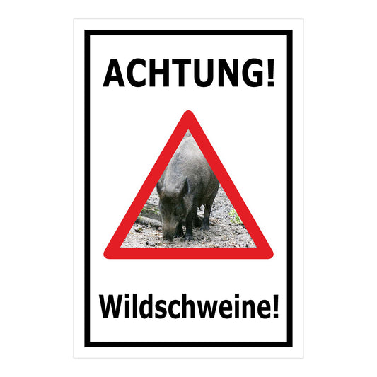 Schild Achtung Wildschweine Warnhinweis mit Wildschweinmotiv in Weiß mit schwarzem Rand