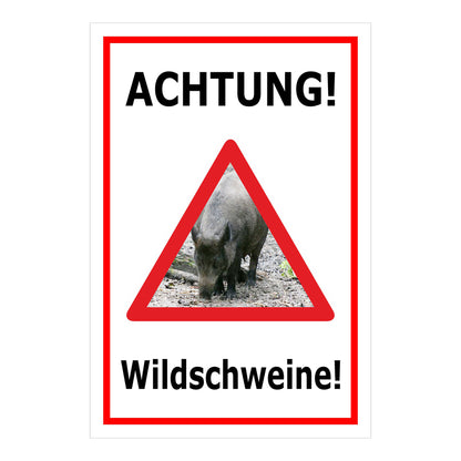 Schild Achtung Wildschweine Warnhinweis mit Wildschweinmotiv in Weiß mit rotem Rand