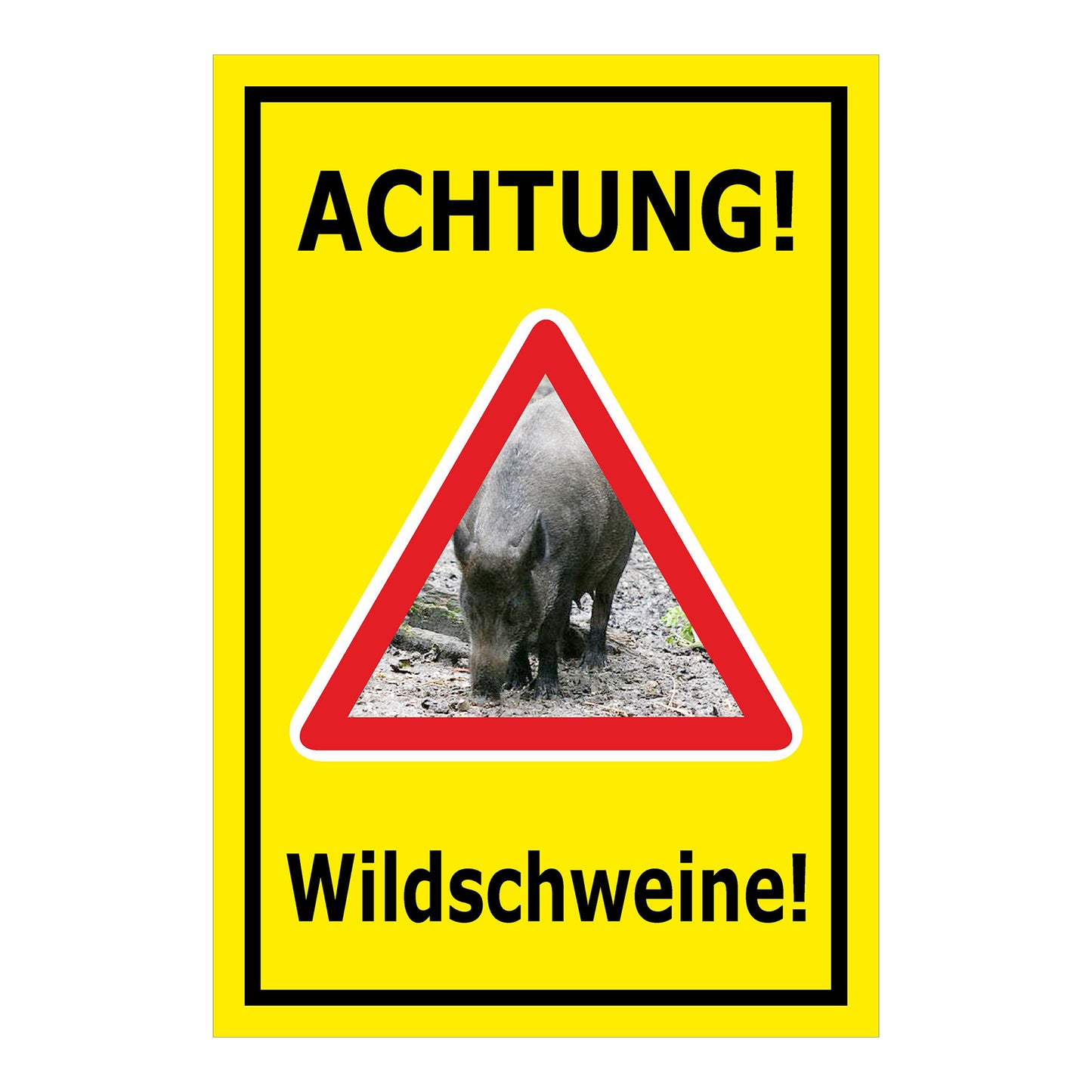 Schild Achtung Wildschweine Warnhinweis mit Wildschweinmotiv in Gelb mit schwarzem Rand