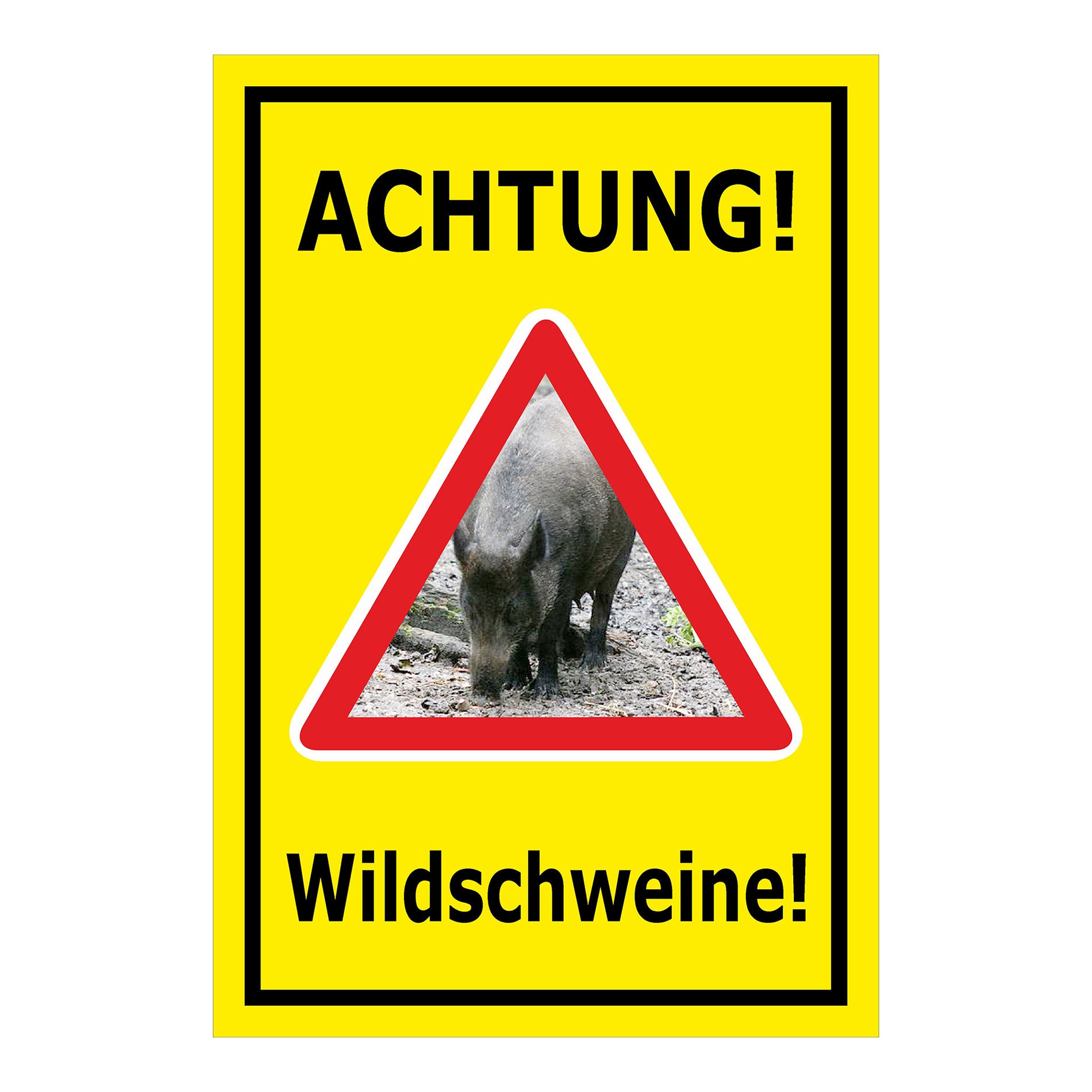 Schild Achtung Wildschweine Warnhinweis mit Wildschweinmotiv in Gelb mit schwarzem Rand