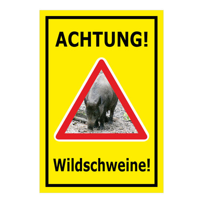 Schild Achtung Wildschweine Warnhinweis mit Wildschweinmotiv in Gelb mit schwarzem Rand