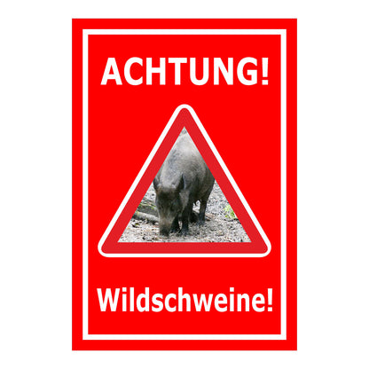Schild Achtung Wildschweine Warnhinweis mit Wildschweinmotiv in Rot mit weißem Rand