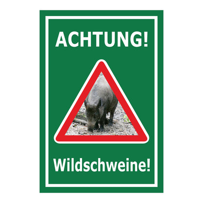 Schild Achtung Wildschweine Warnhinweis mit Wildschweinmotiv in Grün mit weißem Rand