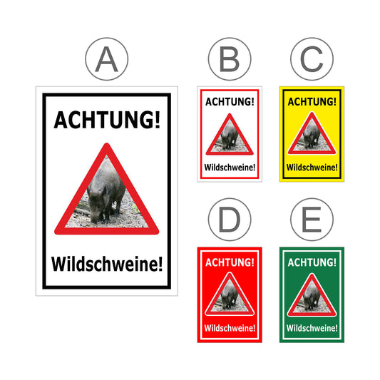 Übersichtsbild Schild Achtung Wildschweine Warnhinweis mit allen verfügbaren Farbvarianten