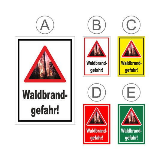 Übersichtsbild Schild Waldbrandgefahr „Waldbrand- gefahr!“ mit allen verfügbaren Farbvarianten