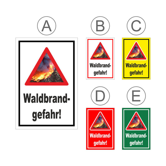 Übersichtsbild Schild Waldbrandgefahr Warnhinweis „Waldbrand-gefahr!“ mit allen verfügbaren Farbvarianten
