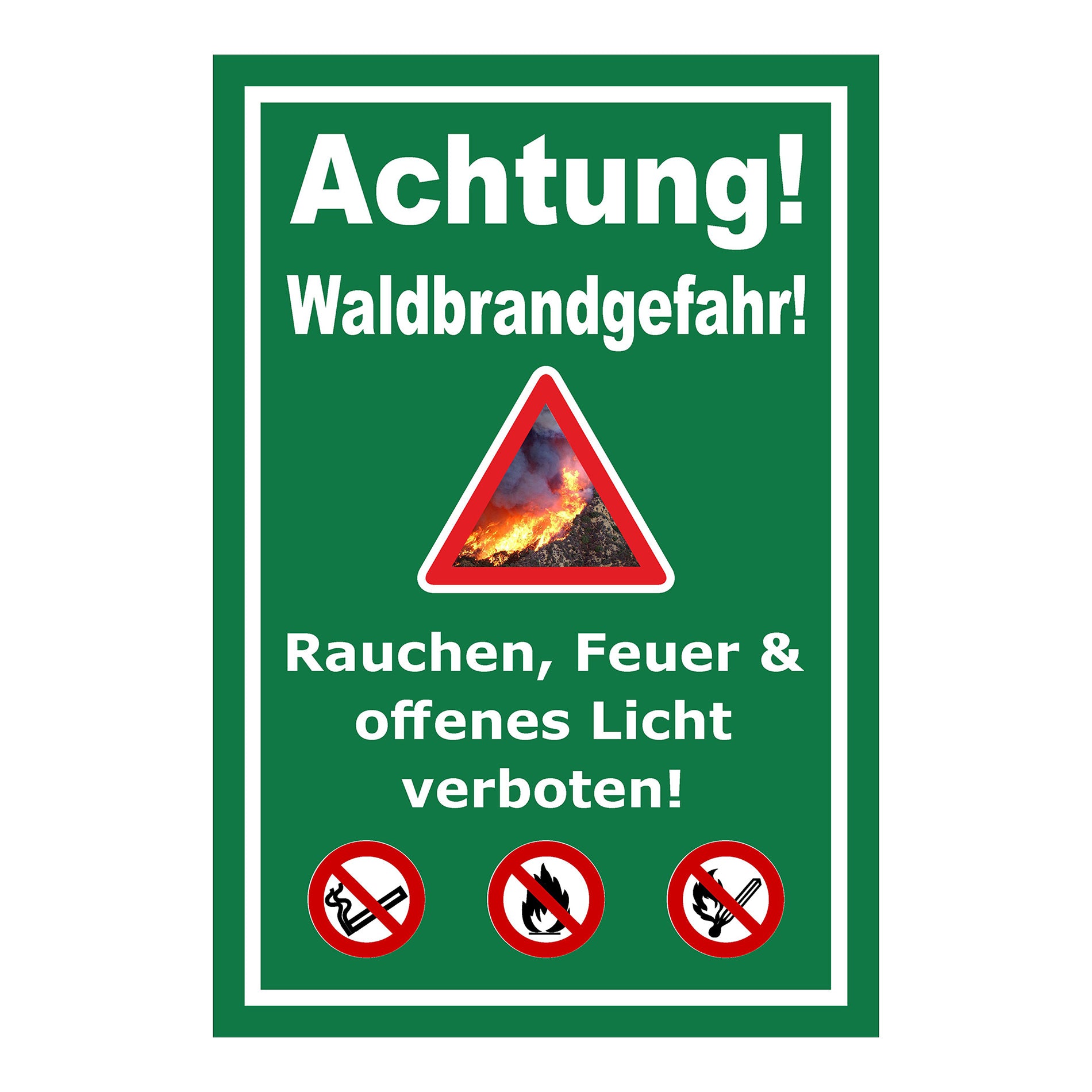 Schild Achtung Waldbrandgefahr Rauchen Feuer und offenes Licht verboten in Grün mit weißem Rand