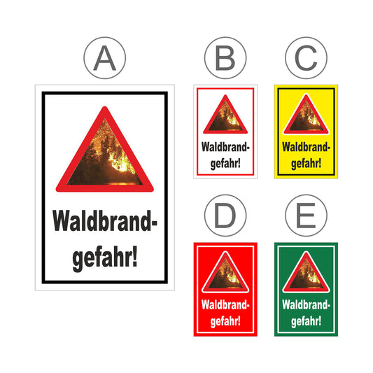 Übersichtsbild Schild Waldbrandgefahr „Waldbrand- gefahr!“ mit allen verfügbaren Farbvarianten