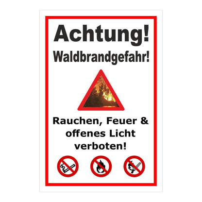 Schild Waldbrandgefahr Rauchen, Feuer & offenes Licht verboten in Weiß mit rotem Rand