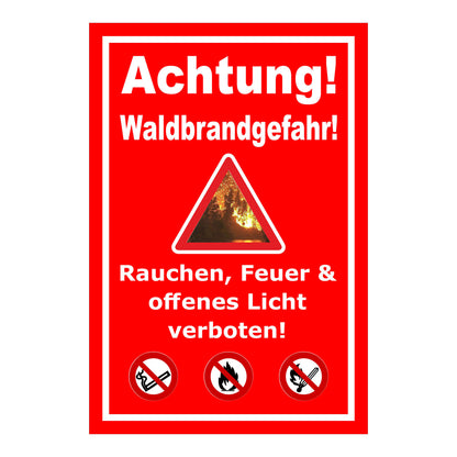 Schild Waldbrandgefahr Rauchen, Feuer & offenes Licht verboten in Rot mit weißem Rand
