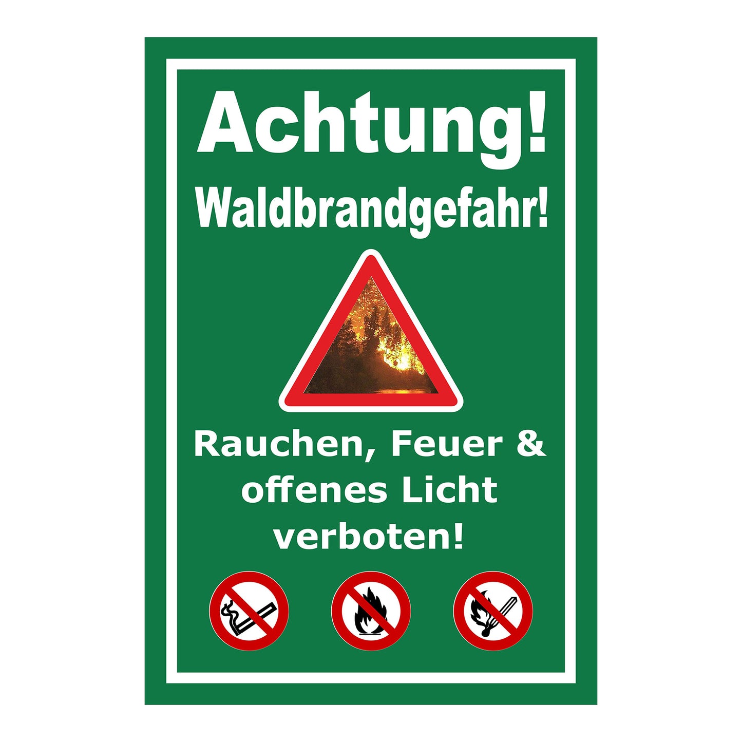 Schild Waldbrandgefahr Rauchen, Feuer & offenes Licht verboten in Grün mit weißem Rand