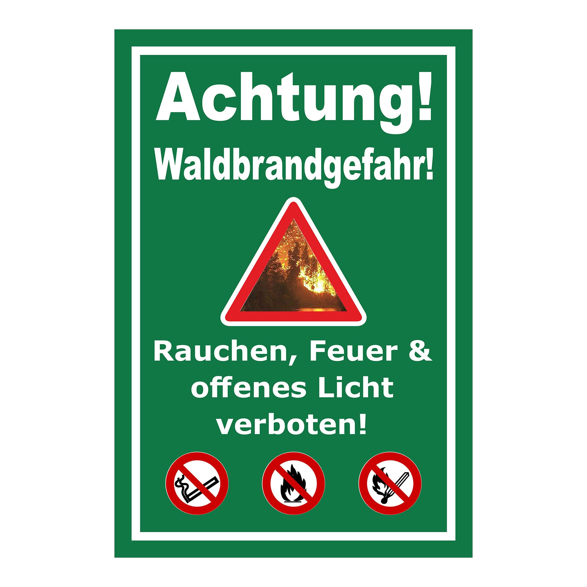 Schild Waldbrandgefahr Rauchen, Feuer & offenes Licht verboten in Grün mit weißem Rand