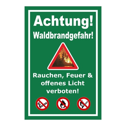 Schild Waldbrandgefahr Rauchen, Feuer & offenes Licht verboten in Grün mit weißem Rand