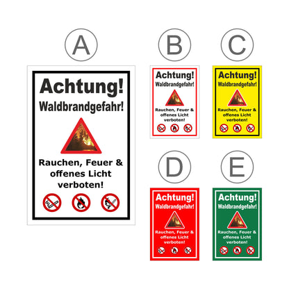 Übersichtsbild Schild Waldbrandgefahr Rauchen, Feuer & offenes Licht verboten mit allen verfügbaren Farbvarianten