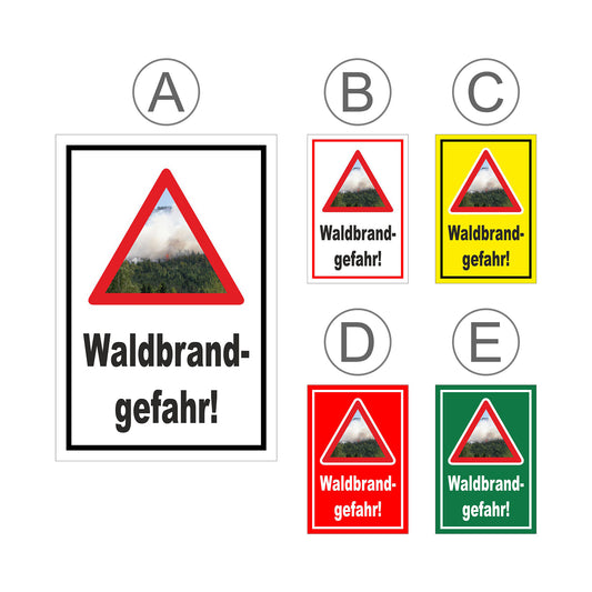 Übersichtsbild Schild Waldbrandgefahr Warnhinweis mit Text „Waldbrandgefahr!“ mit allen verfügbaren Farbvarianten