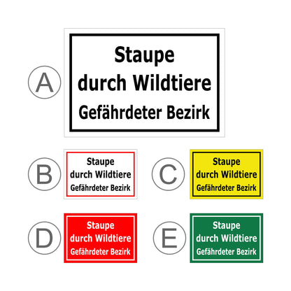 Übersichtsbild Schild Hinweis Staupe durch Wildtiere Gefährdeter Bezirk mit allen verfügbaren Farbvarianten
