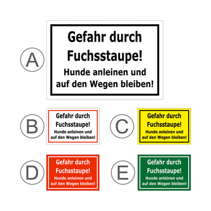 Übersichtsbild Schild Gefahr durch Fuchsstaube Hunde anleinen Hinweis mit allen verfügbaren Farbvarianten