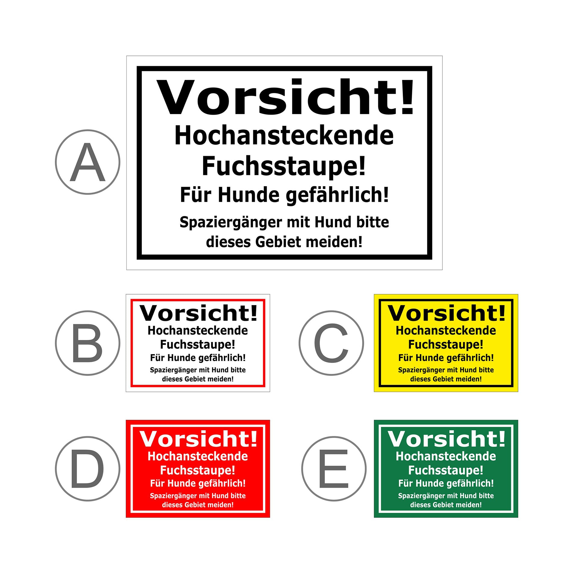 Übersichtsbild Schild Vorsicht Fuchsstaupe Für Hunde gefährlich mit allen verfügbaren Farbvarianten
