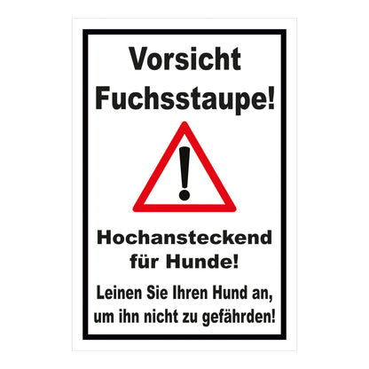 Schild Vorsicht Fuchsstaupe Hund anleinen Hinweis in Weiß mit schwarzem Rand und Warnsymbol