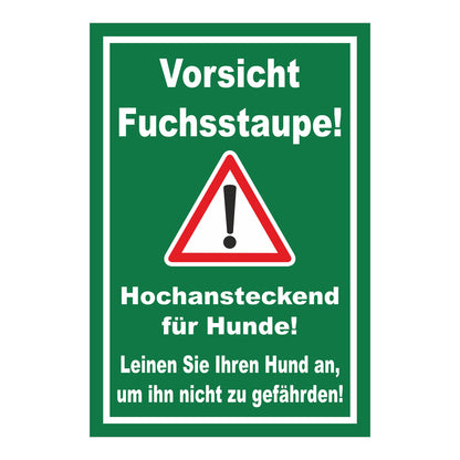 Schild Vorsicht Fuchsstaupe Hund anleinen Hinweis in Grün mit weißem Rand und Warnsymbol