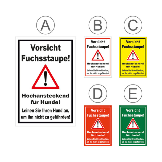 Übersichtsbild Schild Vorsicht Fuchsstaupe Hund anleinen Hinweis mit allen verfügbaren Farbvarianten