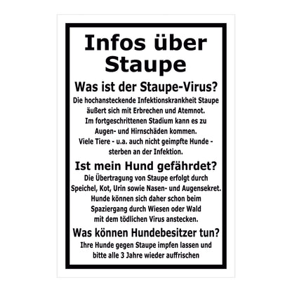 Schild Infos über Staupe Hinweis für Hundebesitzer in Weiß Schwarz mit schwarzem Rahmen