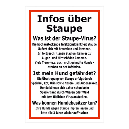 Schild Infos über Staupe Hinweis für Hundebesitzer in Weiß Rot mit rotem Rahmen