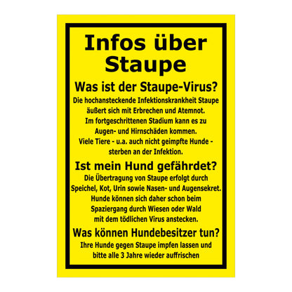 Schild Infos über Staupe Hinweis für Hundebesitzer in Gelb Schwarz mit schwarzem Rahmen