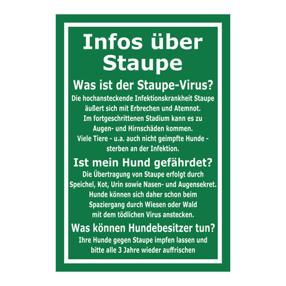 Schild Infos über Staupe Hinweis für Hundebesitzer in Grün Weiß mit weißem Rahmen