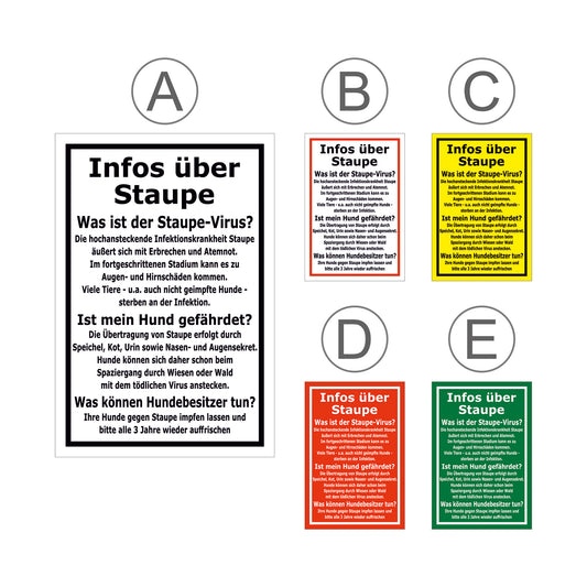 Übersichtsbild Schild Infos über Staupe Hinweis für Hundebesitzer mit allen verfügbaren Farbvarianten