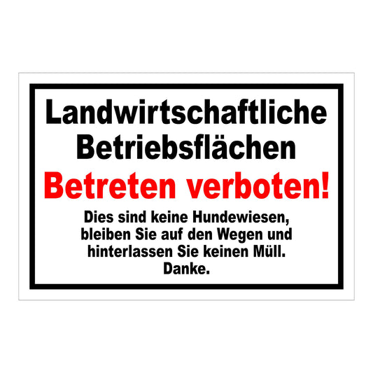 Schild Landwirtschaftliche Betriebsflächen Betreten verboten weiß mit schwarzem Rand und roter Textzeile
