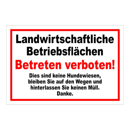 Schild Landwirtschaftliche Betriebsflächen Betreten verboten weiß mit rotem Rand und roter Textzeile