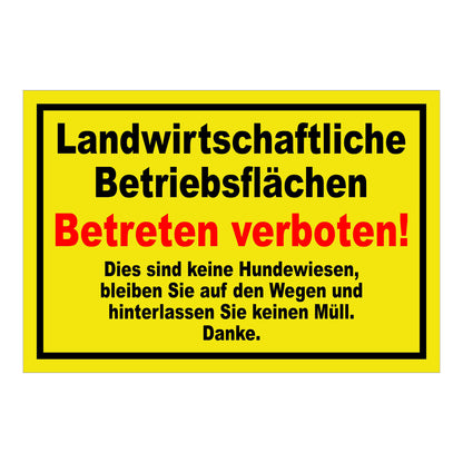 Schild Landwirtschaftliche Betriebsflächen Betreten verboten gelber Hintergrund schwarzer Rand rote Textzeile