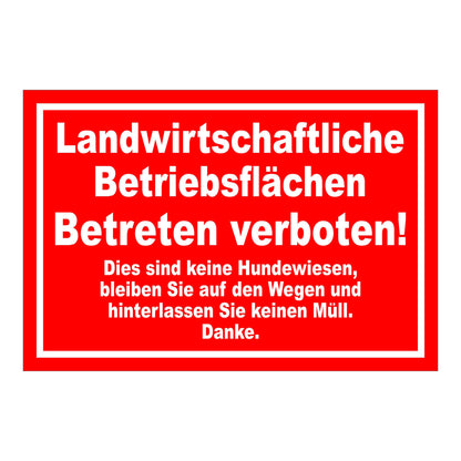 Schild Landwirtschaftliche Betriebsflächen Betreten verboten roter Hintergrund weißer Text