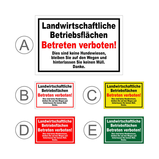 Übersichtsbild Schild Landwirtschaftliche Betriebsflächen Betreten verboten mit allen Farbvarianten