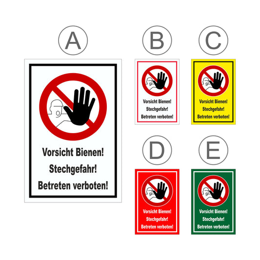 Übersichtsbild Schild „Vorsicht Bienen! Stechgefahr! Betreten verboten!“ mit allen verfügbaren Farbvarianten