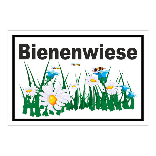 Schild Bienenwiese Hinweis Blumenfläche mit Bienenmotiv „Bienenwiese“ in weiß mit schwarzem Rand