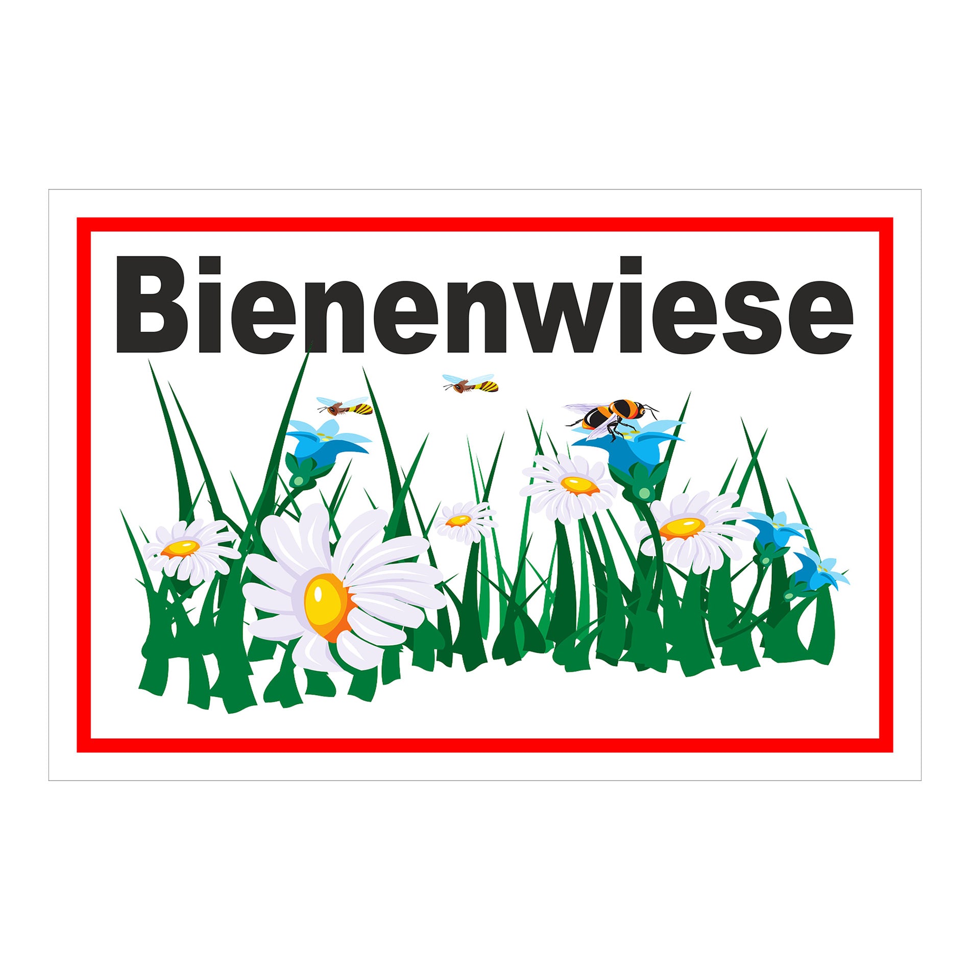 Schild Bienenwiese Hinweis Blumenfläche mit Bienenmotiv „Bienenwiese“ in weiß mit rotem Rand