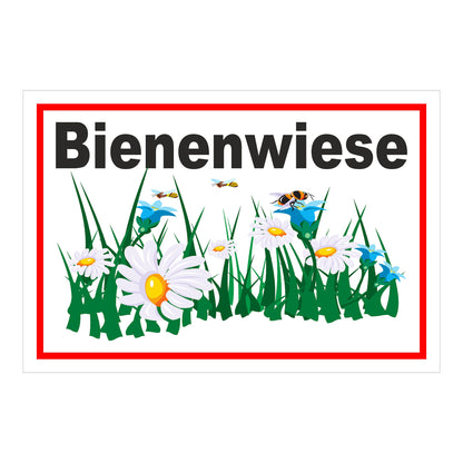 Schild Bienenwiese Hinweis Blumenfläche mit Bienenmotiv „Bienenwiese“ in weiß mit rotem Rand