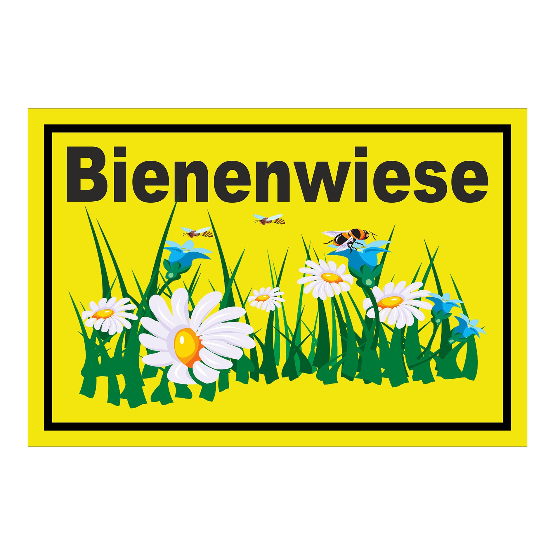 Schild Bienenwiese Hinweis Blumenfläche mit Bienenmotiv „Bienenwiese“ in gelb mit schwarzem Rand
