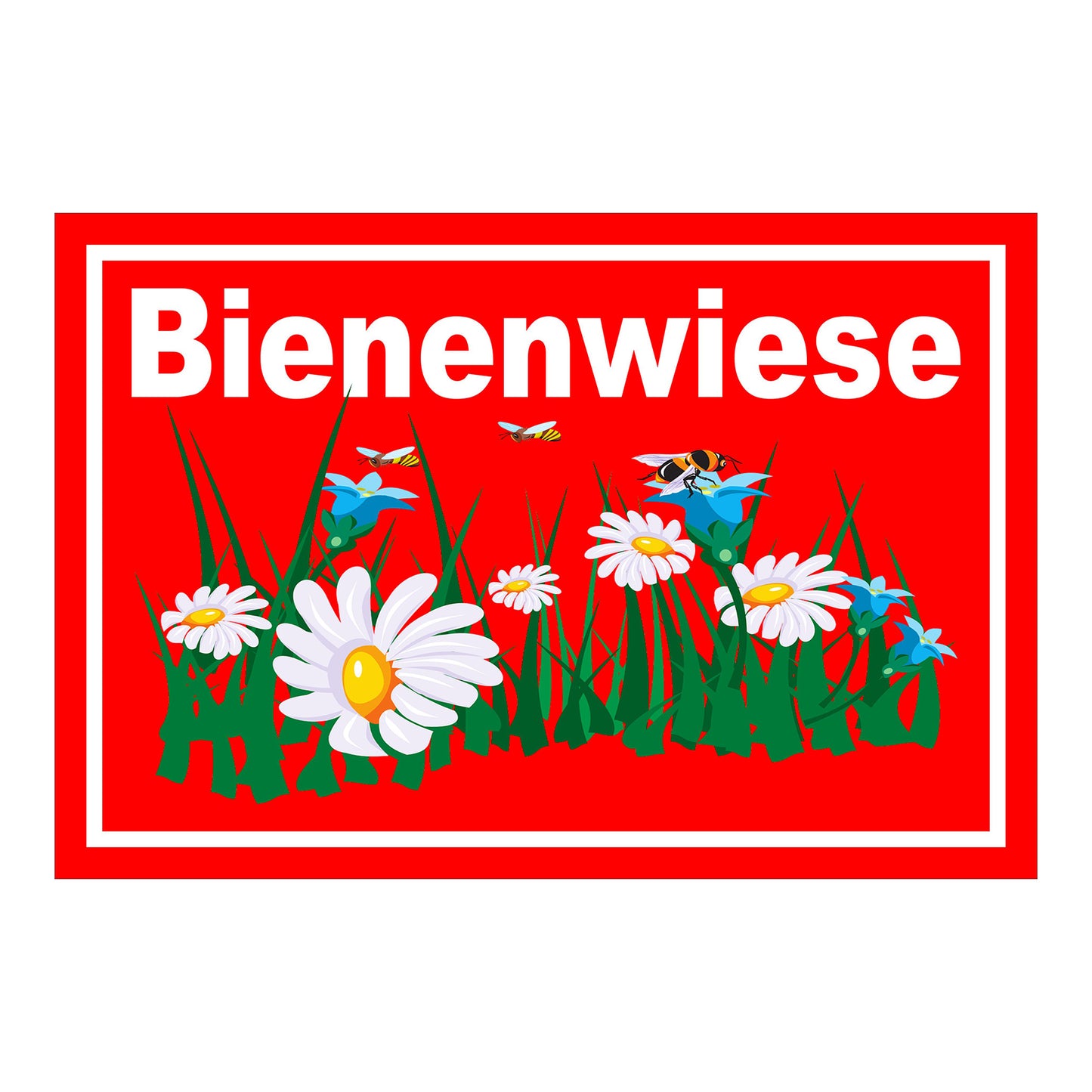 Schild Bienenwiese Hinweis Blumenfläche mit Bienenmotiv „Bienenwiese“ in rot mit weißem Rand