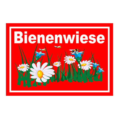 Schild Bienenwiese Hinweis Blumenfläche mit Bienenmotiv „Bienenwiese“ in rot mit weißem Rand